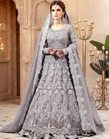 Luxurious 3D Handwork & Embroidered Grey Net Bridal Maxi Dress