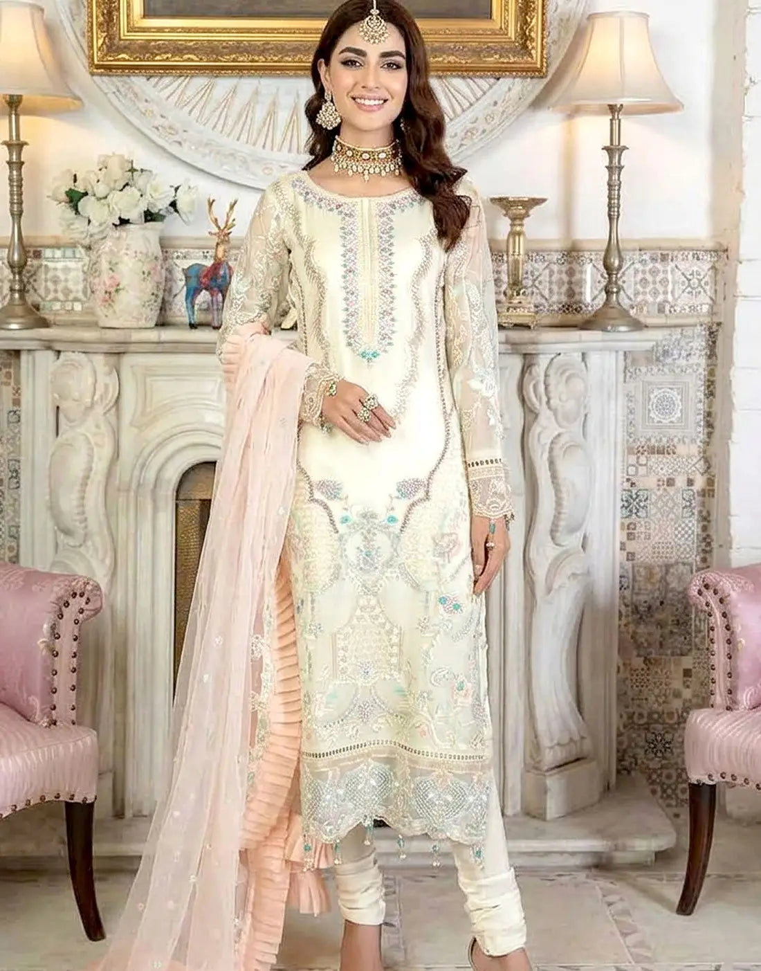 Handwork Heavy Embroidered Organza Formal Party Wear Dress for Girls