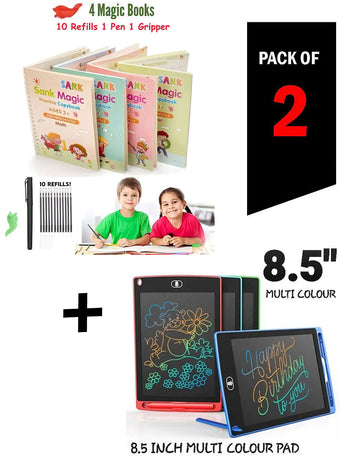 Kids Learning Gift Pack – 8.5" LCD Writing Tablet + 4 Sank Magic Reusable Practice Copybooks