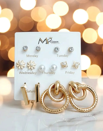 7 Pairs Minimalist Metallic Earrings Set in Floral Heart Pearl Geometric Shape