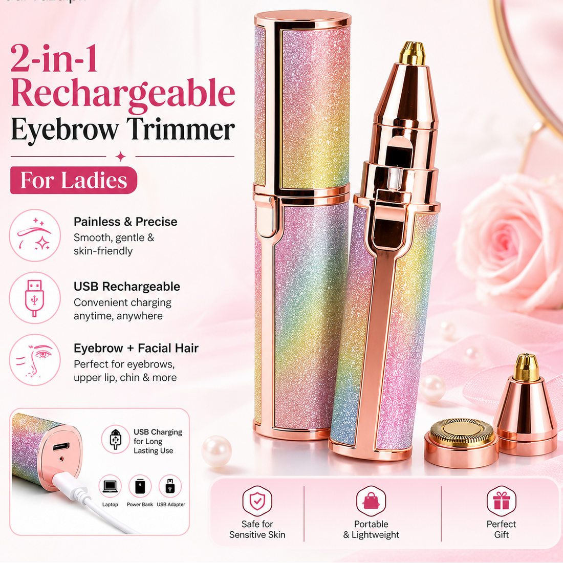 2-in-1 GlowSmooth Rechargeable Beauty & Facial Hair Removal Trimmer  for Women