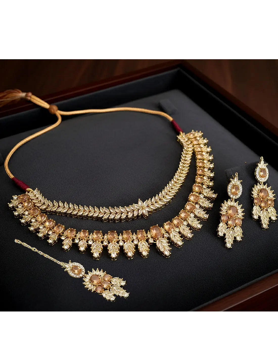 Luxury Zircon Bridal Jewellery Set with Double Necklace, Earrings & Tikka