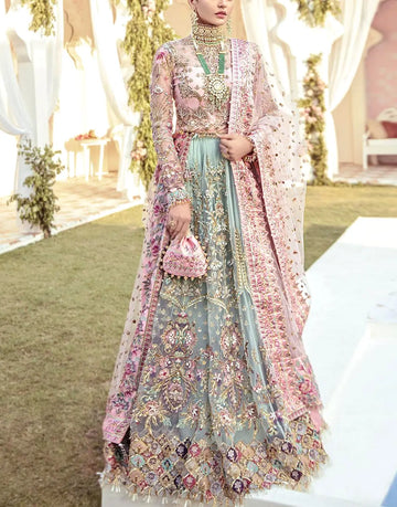 Glamorous Embroidered Net Bridal Lehenga in Blush Pink & Sage Green Color with Colorful Embellishments