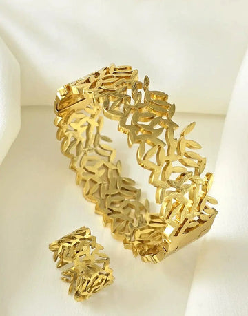 Stylish Stainless Steel Cuff Bangle & Ring Set Gold Plated Design