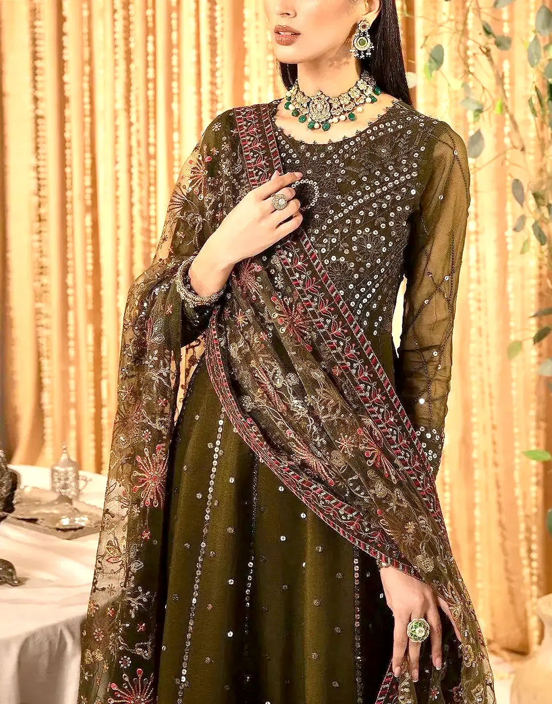 Luxury 5mm Sequins Embroidered Mehndi Green Chiffon Maxi Dress - Ideal for Mehndi & Weddings