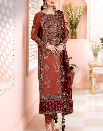 Heavily Embroidered Iced Tea Chiffon Wedding Dress for Formal & Wedding Wear