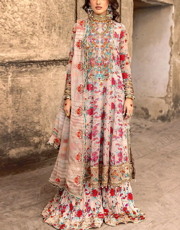 Stylish Chiffon Party Wear Dress with Embroidery and Floral Print