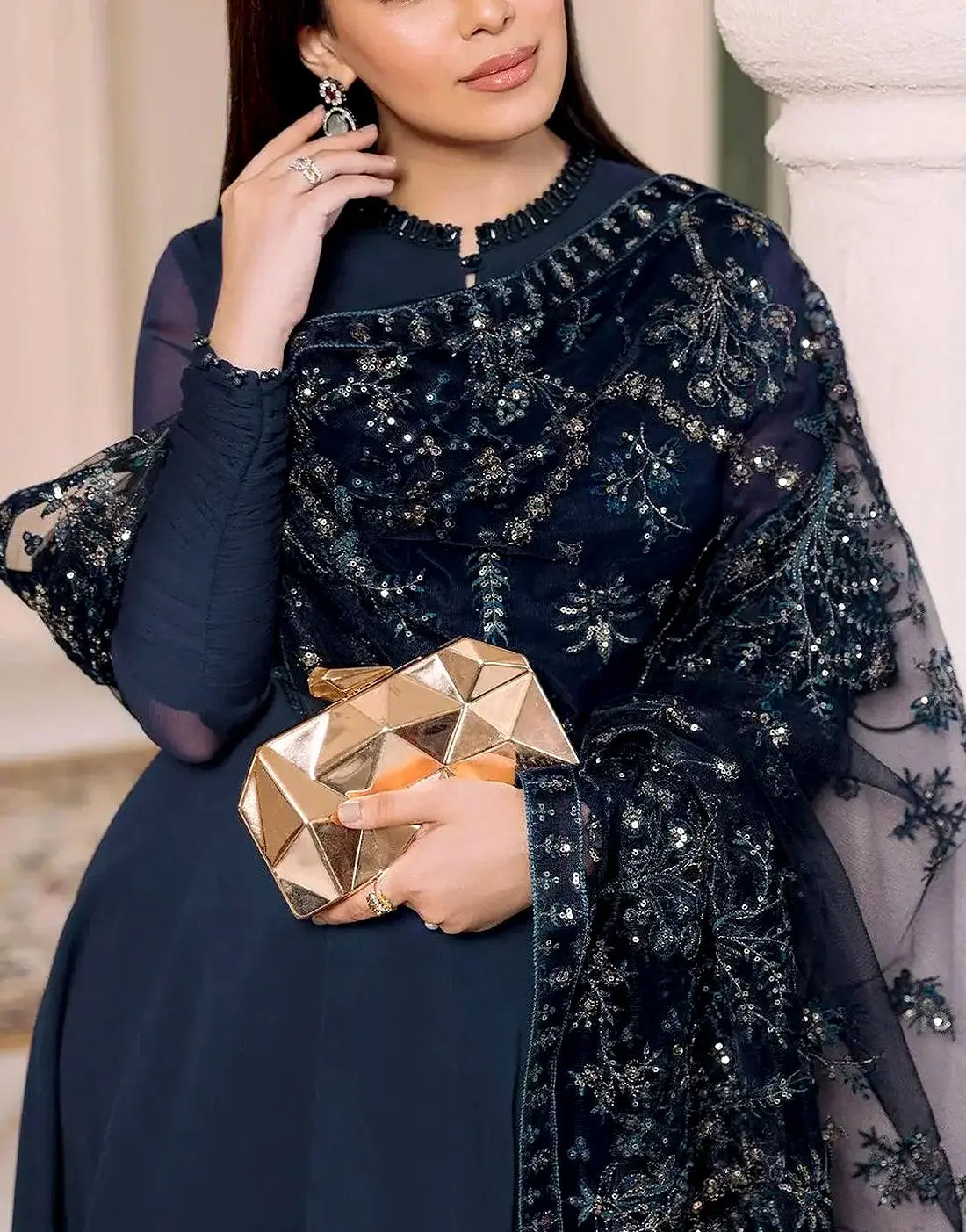 Graceful Embroidered Navy Blue Chiffon Wedding & Party Wear Dress