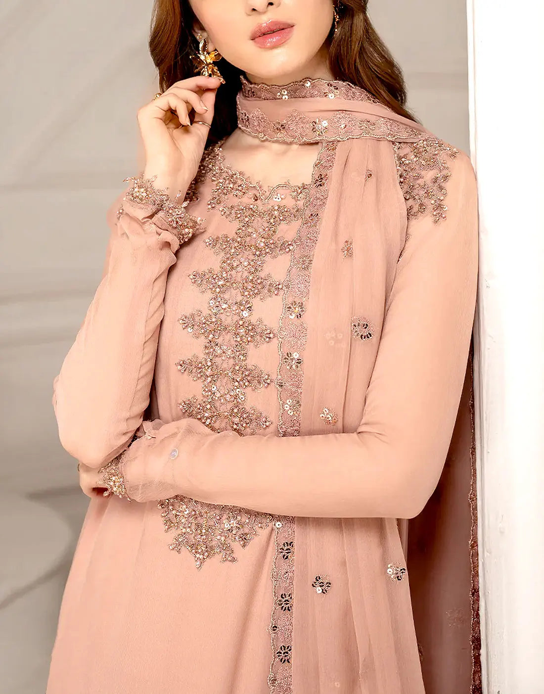 Alluring Embroidered Peach Blossom Formal & Party Chiffon Dress