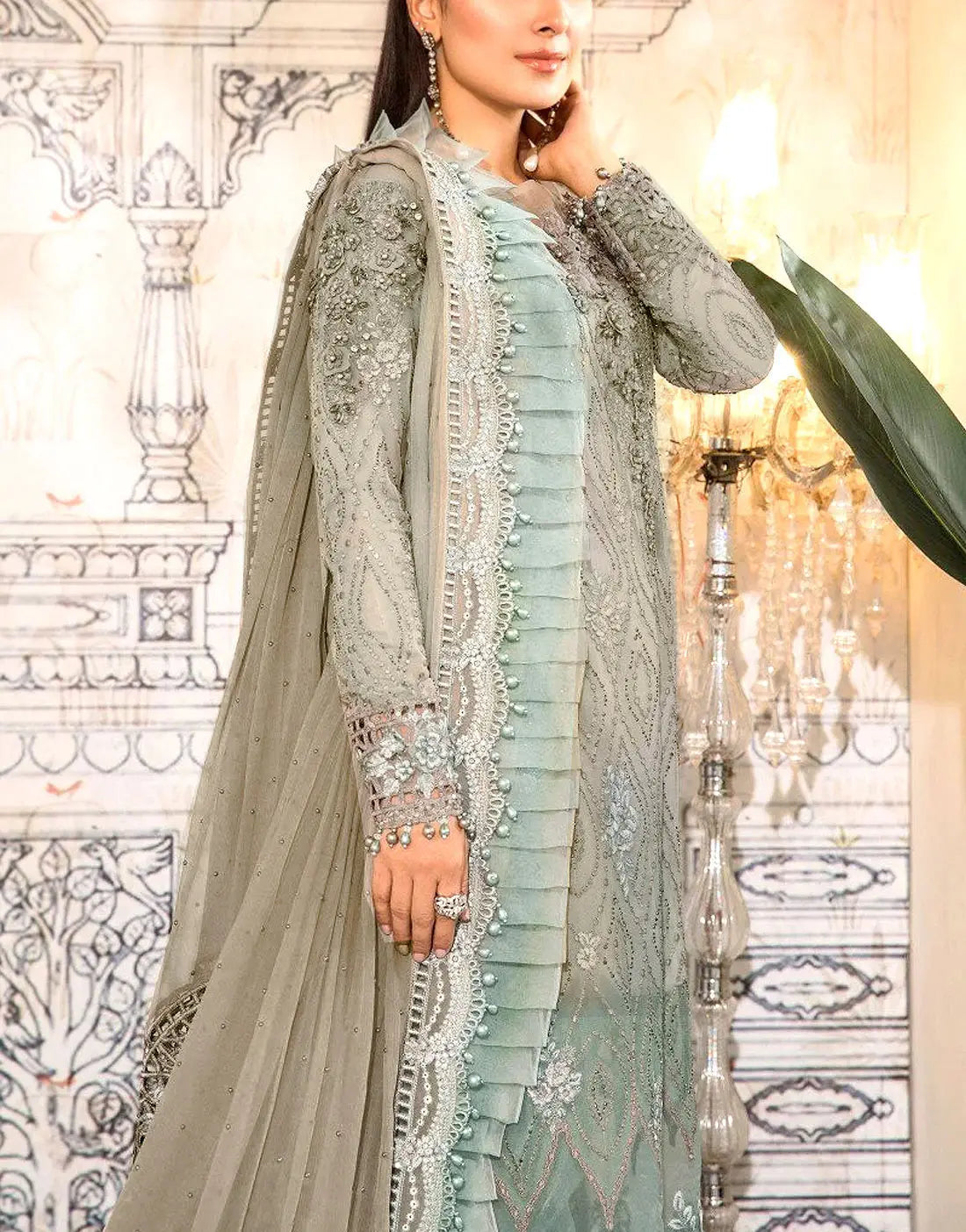 Luxury Embroidered Ombre Style Chiffon Formal Party Dress in Dusty Grayish-Green