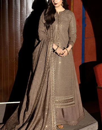 Glamorous Intricate Embroidered Taupe-Brown Chiffon Party & Wedding Dress