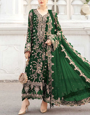 Heavy Embroidered with Adda-Work Bottle Green Chiffon Dress for Wedding & Party Wear