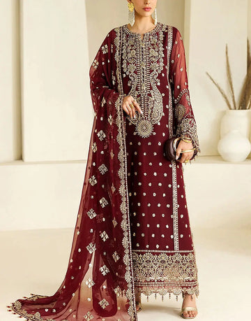 Heavy Embroidered Maroon Chiffon Wedding Party Dress with Silk Trouser