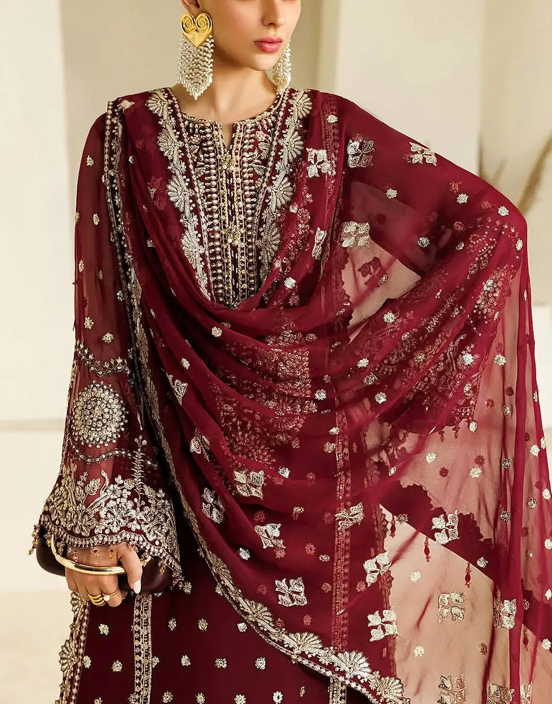 Heavy Embroidered Maroon Chiffon Wedding Party Dress with Silk Trouser