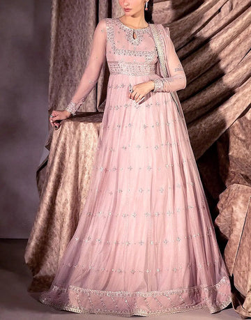 Chic Heavy Embroidered Blush Pink Chiffon Maxi Dress - Ideal for Wedding & Parties