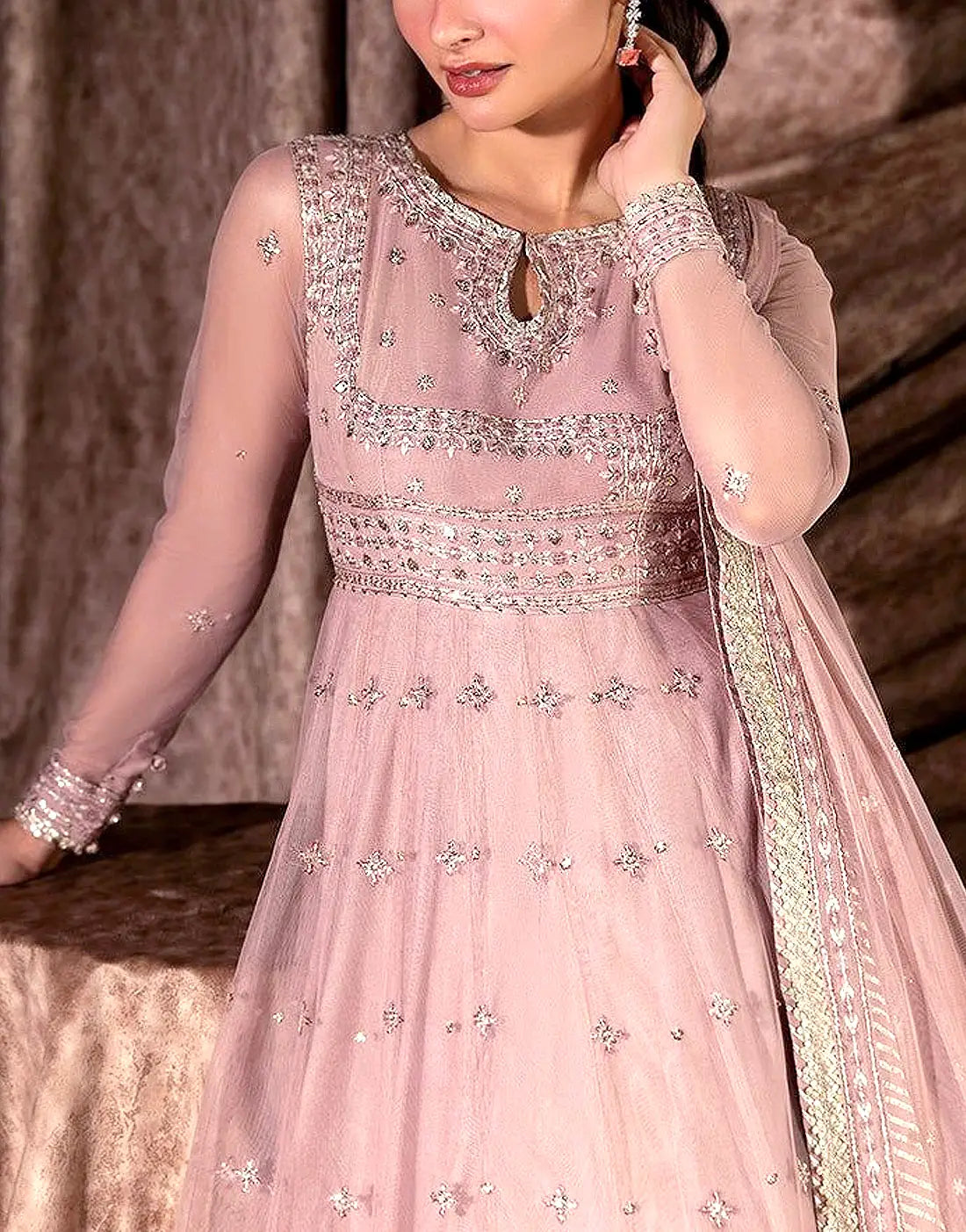 Chic Heavy Embroidered Blush Pink Chiffon Maxi Dress - Ideal for Wedding & Parties