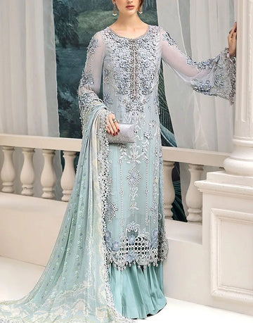 Premium 3D & Cutwork Embroidered Ice Blue Chiffon Party Wear Dress with Luxe Embellishments