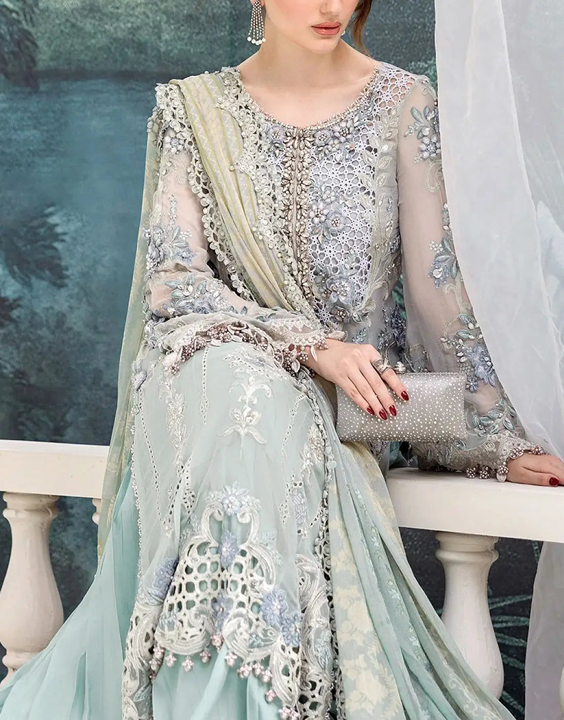 Premium 3D & Cutwork Embroidered Ice Blue Chiffon Party Wear Dress with Luxe Embellishments