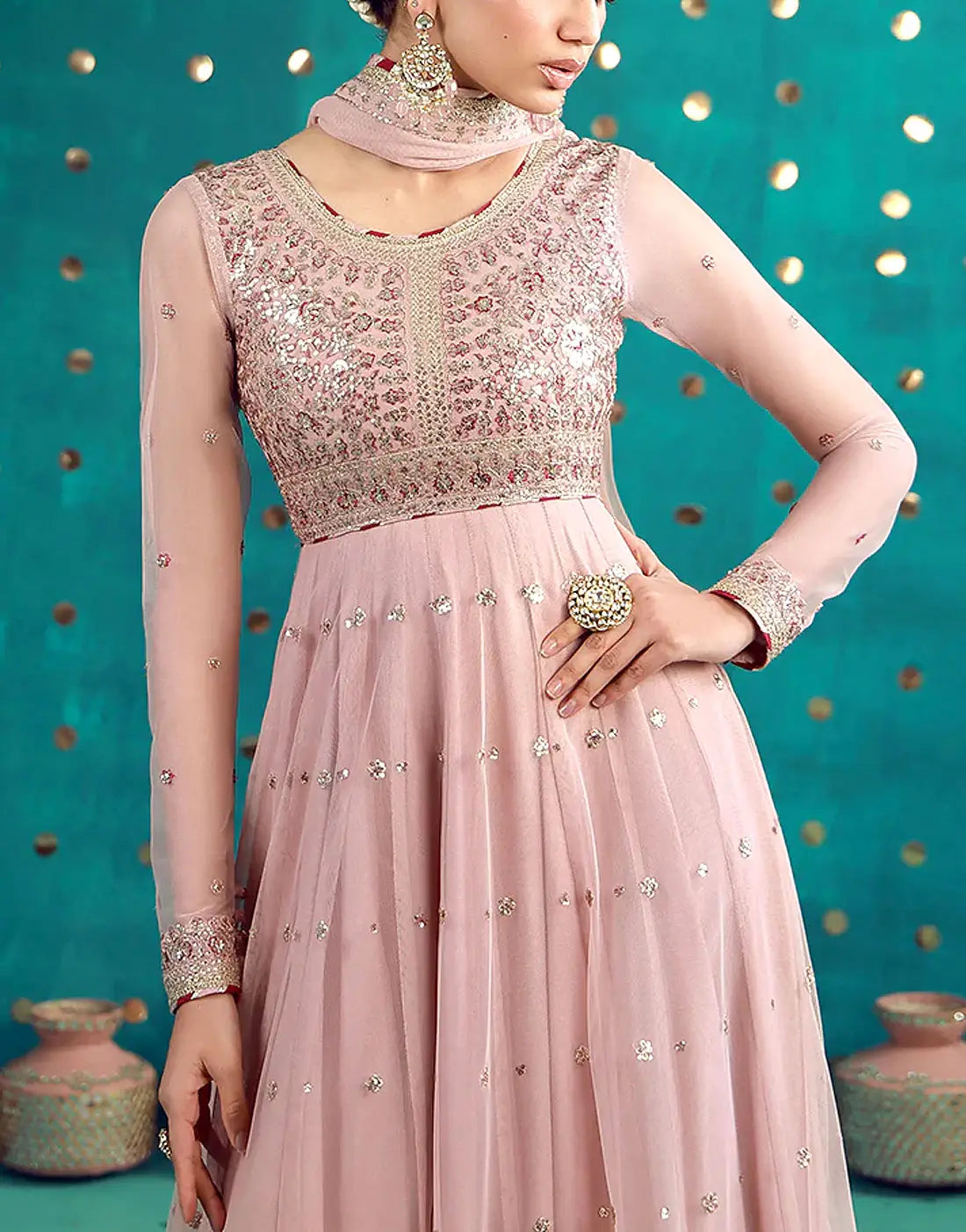 Elegant Embroidered Blush Pink Chiffon Maxi Dress for Formal Parties & Weddings