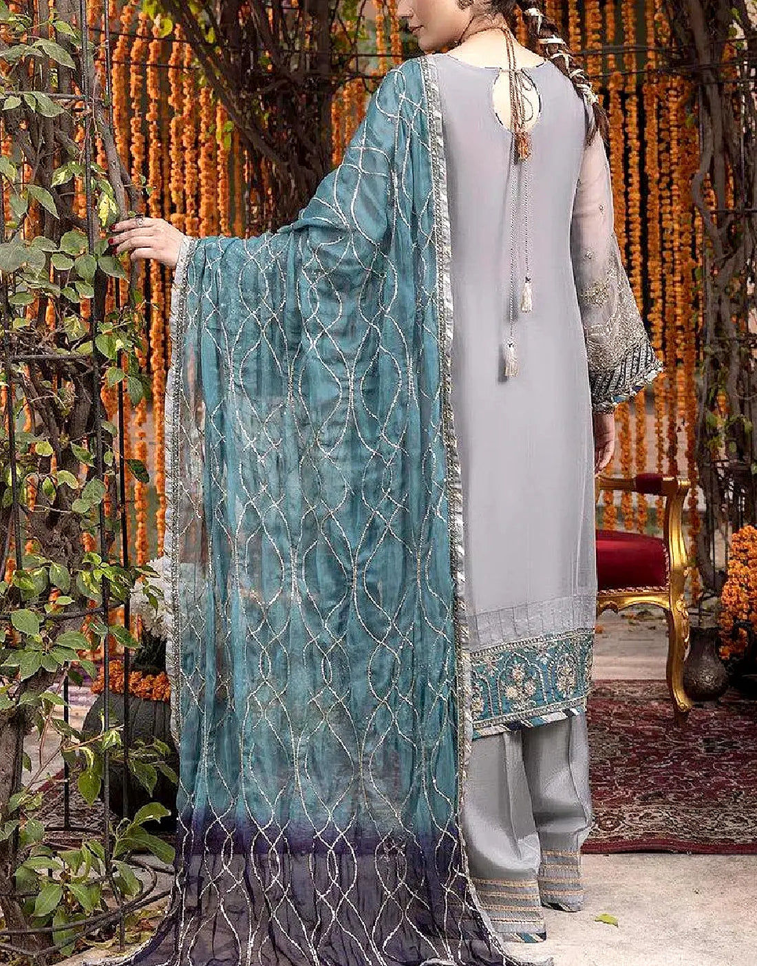 Graceful Embroidered Grey Chiffon Dress for Formal & Party Ready Look