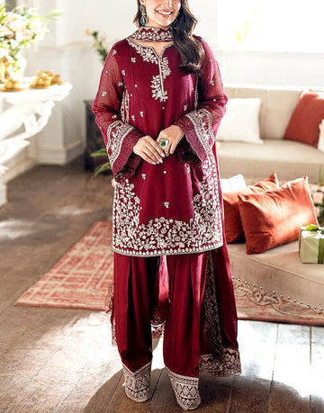 Gorgeous Heavy Embroidered Maroon Chiffon Wedding Dress