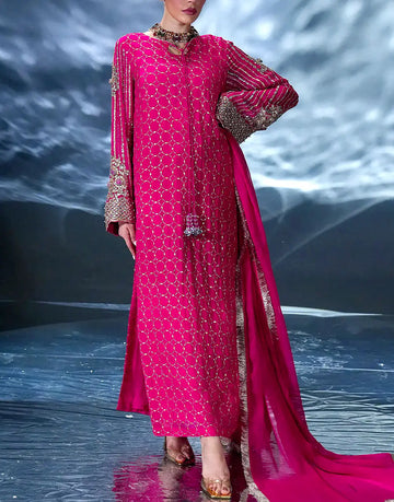 Exquisite Embroidered Shocking Pink Chiffon Party Wear Outfit with Silk Trouser
