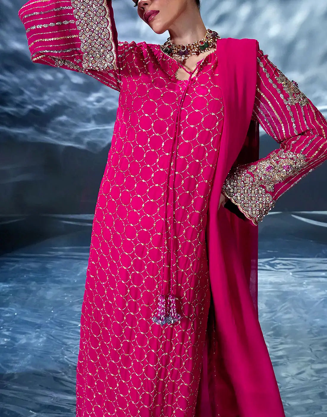 Exquisite Embroidered Shocking Pink Chiffon Party Wear Outfit with Silk Trouser