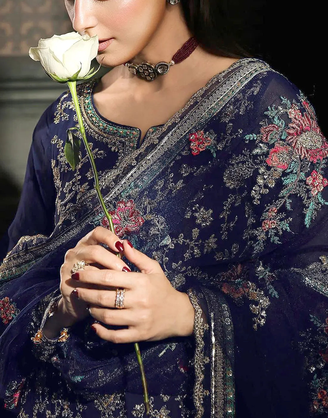 Regal Intricate Embroidered Navy Blue Chiffon Dress for Formals & Weddings