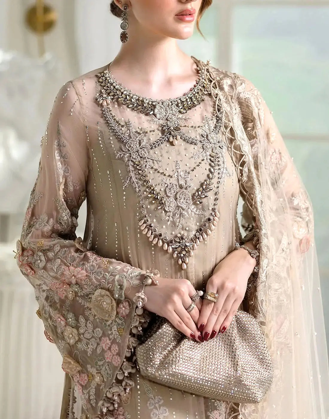 Premium Heavy Embroidered Beige Chiffon Wedding Dress with 3D Handwork and Rich Embellished Neckline