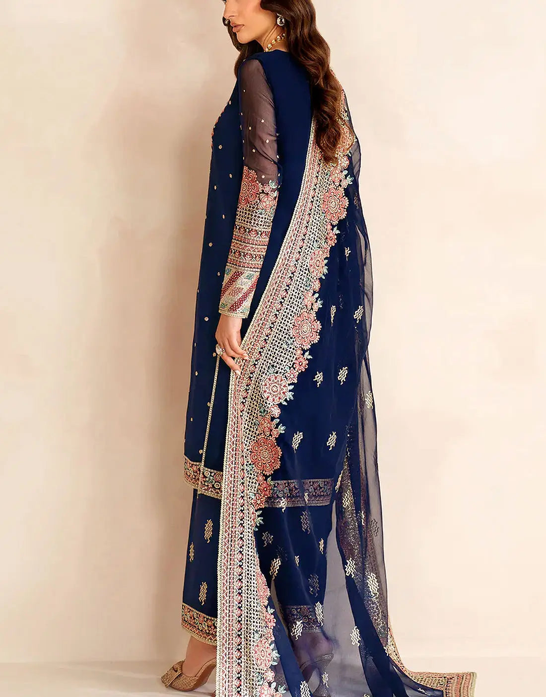 Ethnic Heavy Embroidered Navy Blue Chiffon Wedding Dress with Stylish Detailing