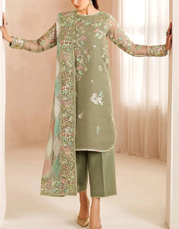 Graceful Embroidered Sage Green Chiffon Dress – Perfect for Formals & Party Wear