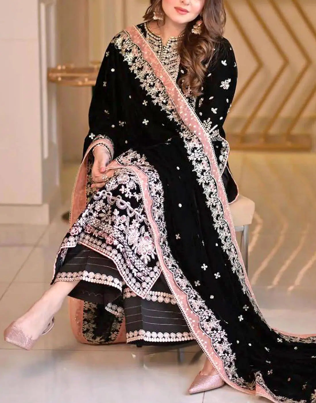 Glamorous Embroidered Black Chiffon Wedding Dress with Hand Embellishments