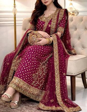Heavy Embroidered & Adda Work Long Chiffon Bridal Dress with Matching Potli Bag