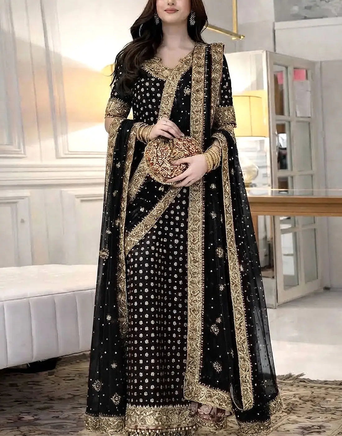 Heavy Embroidered & Adda Work Long Chiffon Bridal Dress with Matching Potli Bag