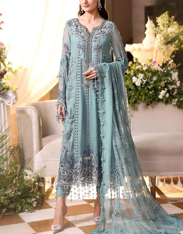Luxurious Heavy Embroidered Dusty Blue Chiffon Wedding Dress 2026 with Handcrafted Detailing