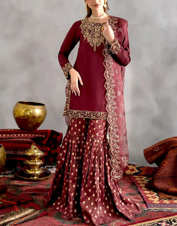Elegant Embroidered Maroon Chiffon Wedding Sharara Dress - Ideal for Brides & Wedding Events