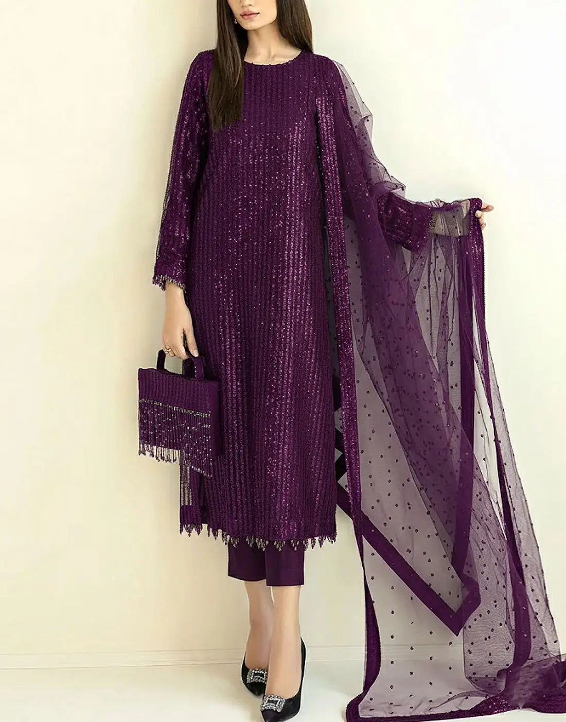 Glittering Sequins Embroidered Purple Chiffon Wedding Dress