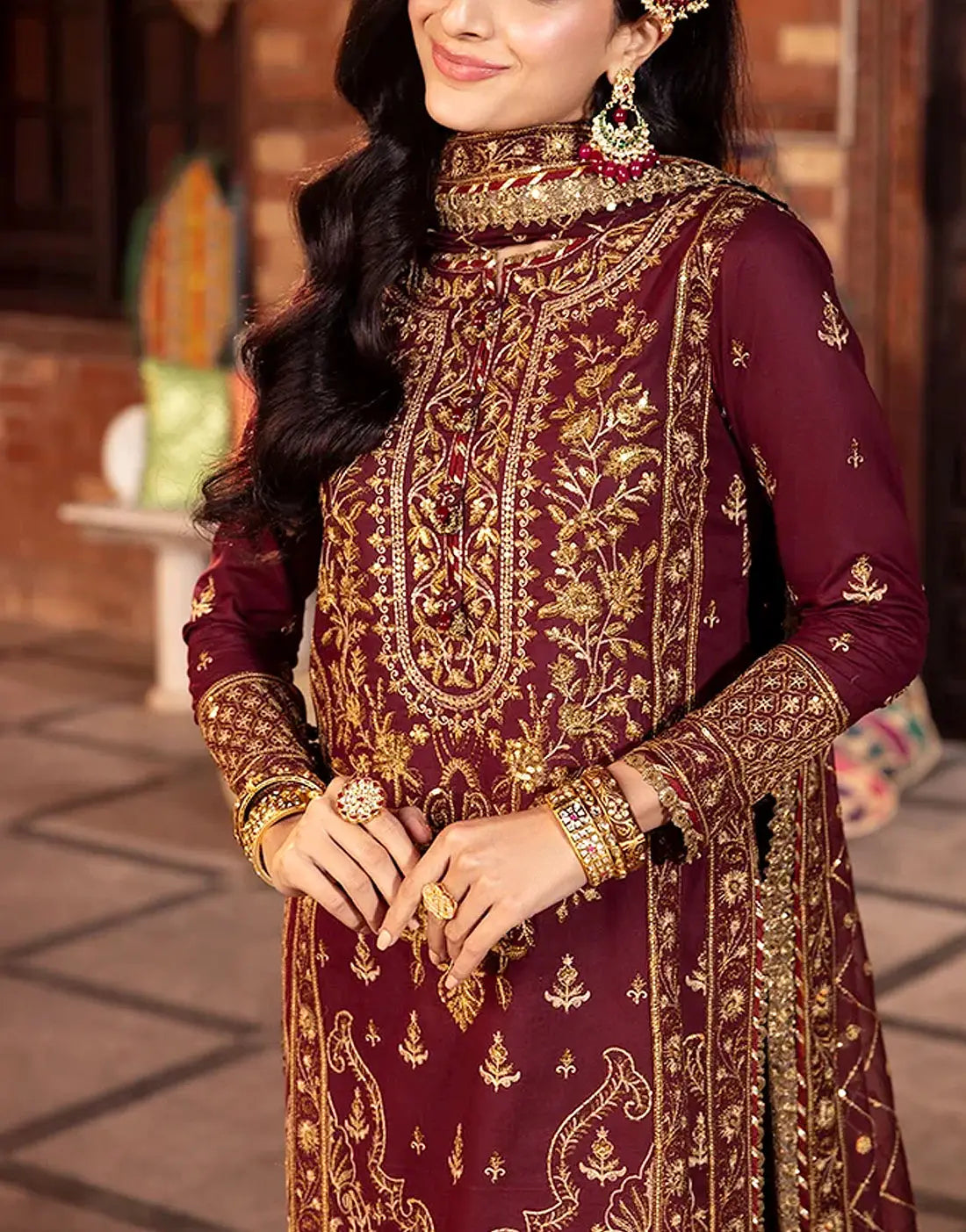 Elegant Embroidered Chiffon Maroon Wedding Dress Design 2026