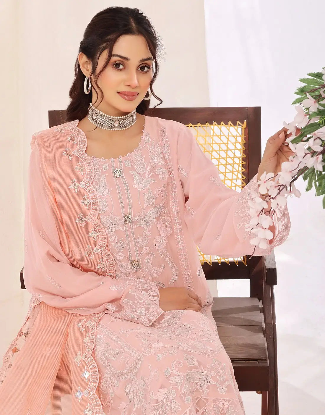Batul Semi-Stitched Embroidered Chiffon Dress for Festive & Party Wear