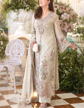 Glamorous Heavy Embroidered Off-White Chiffon Wedding Dress with Rich Embellishments