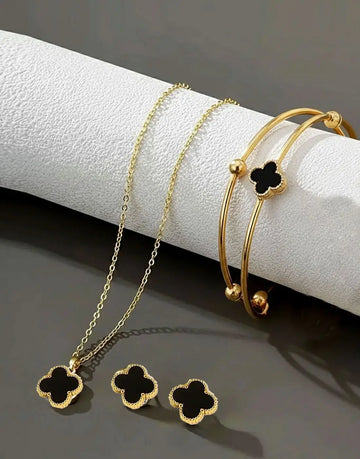 Elegant 4 Leaf Clover Jewelry Set with Necklace, Bracelet & Earrings
