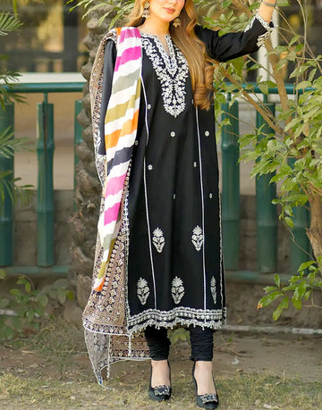 Elegant Embroidered Black Dhanak Dress for Women – Winter Formal Party Outfit