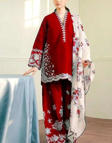 Most Demanding Embroidered Red Dhanak Dress with Embroidered Bottoms