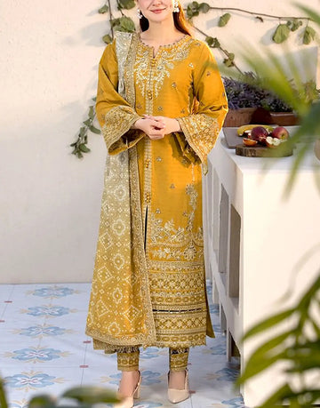 Heavy Embroidered Mustard Dhanak Winter Dress – Elegant Formal Wear for Women