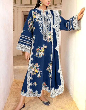 Stylish Embroidered Navy Blue Dhanak Dress – Elegant Winter Outfit for Women