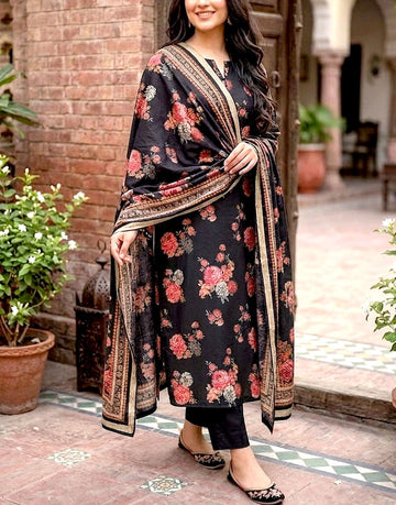Aneela's Trending All-Over Print Black Dhanak Dress with Dhanak Shawl