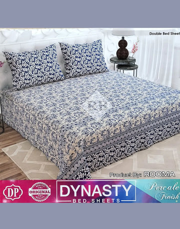 Dynasty 3-Piece Premium Cotton Blue Floral King Size Bedsheet with Pillow Covers
