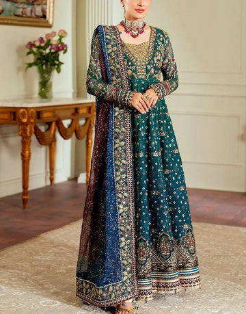 Luxury Embroidered Peacock Blue Chiffon Maxi Dress Design for Mehndi & Weddings