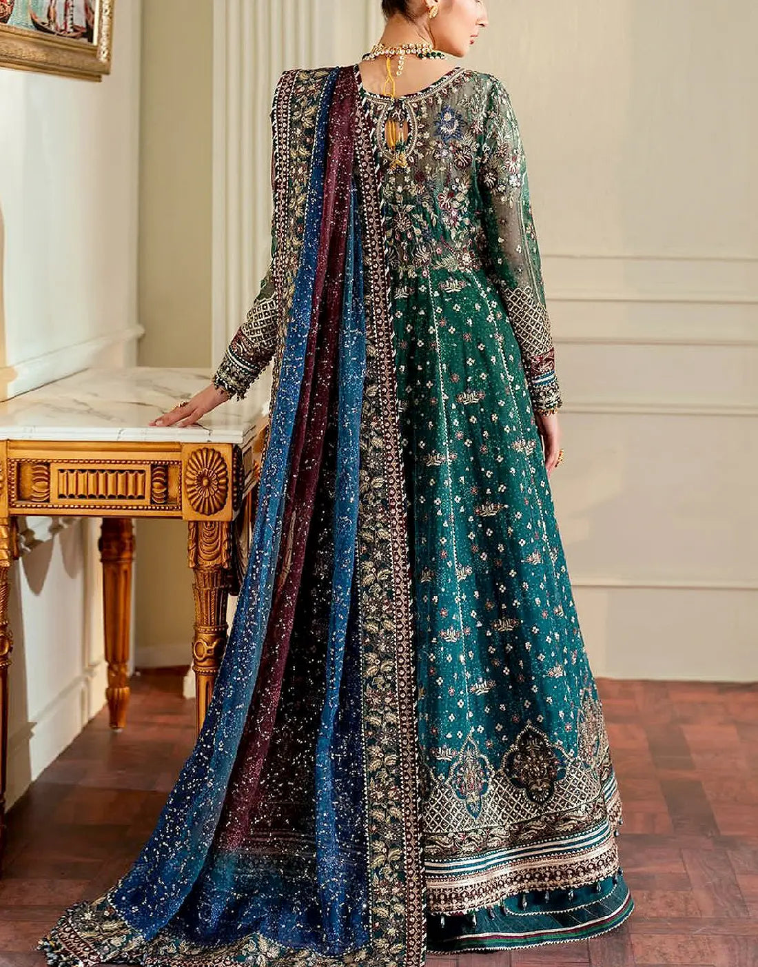 Luxury Embroidered Peacock Blue Chiffon Maxi Dress Design for Mehndi & Weddings
