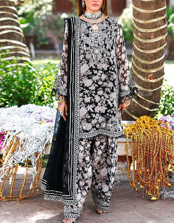 Modern Design All-Over Floral Print Embroidered Black & White Chiffon Dress for Party Wear